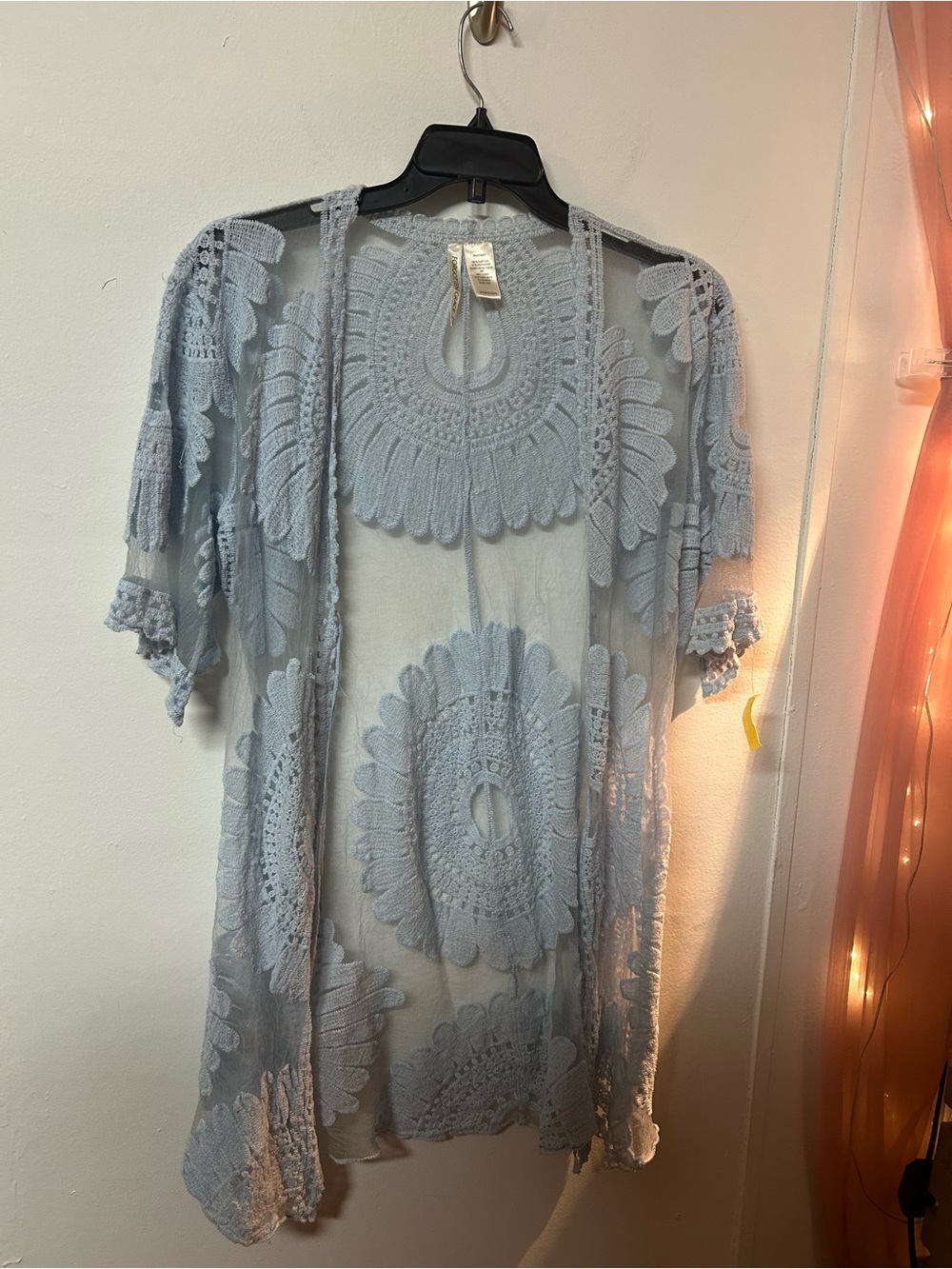 Light Blue Crochet Lace Kimono Cover-Up Fits like 1X